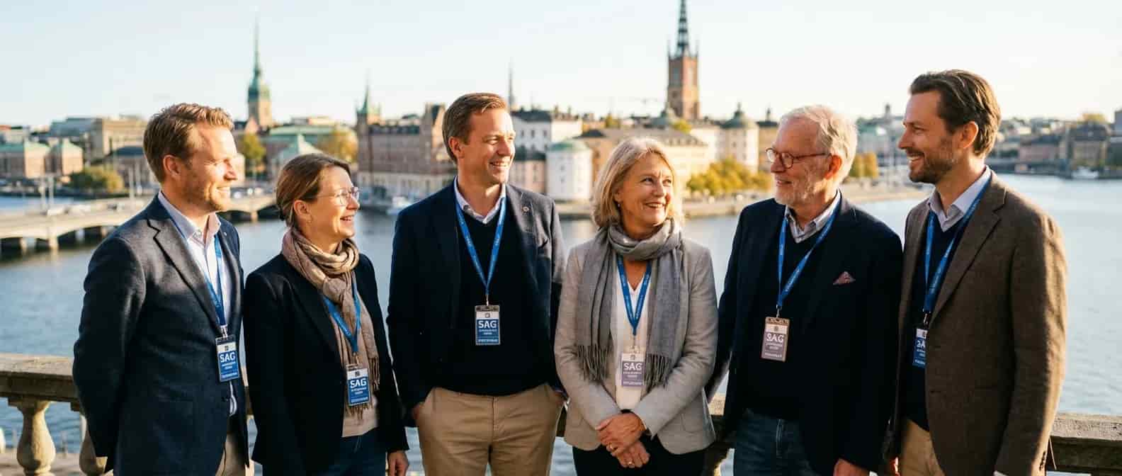 Sex personer med namnskyltar står utomhus framför ett stadspanorama med vatten och byggnader